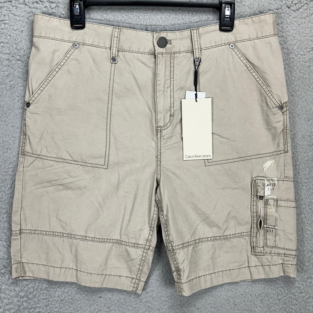 Calvin Klein Jeans Mens Cargo Shorts 32 Beige Flat Front Pockets 100% Cotton NEW
